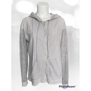 Michael Stars Women's Gray Zip Up Hooded Sweater Mesh Eyelets Sleeve Pockets M‎